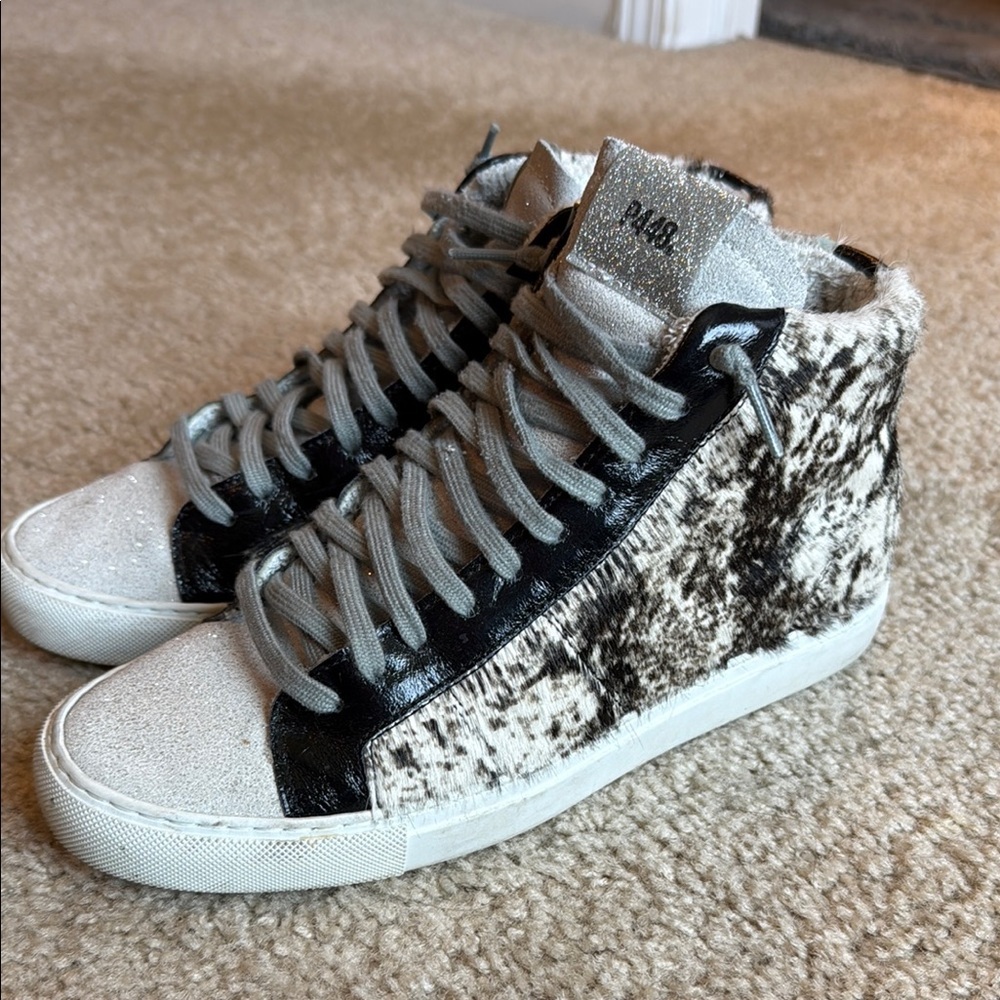 P448 High-Top Sneakers calf hair glitter Black White gray laces size 39